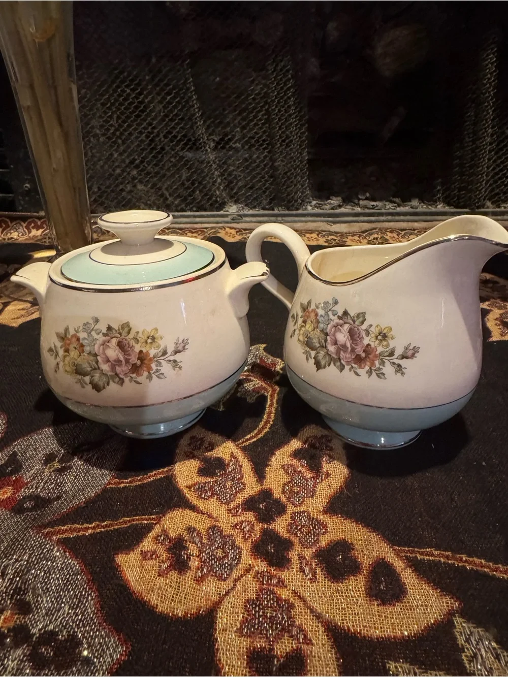 Cunningham Pickett DANUBE Bouquet Aqua band Sugar Creamer Set